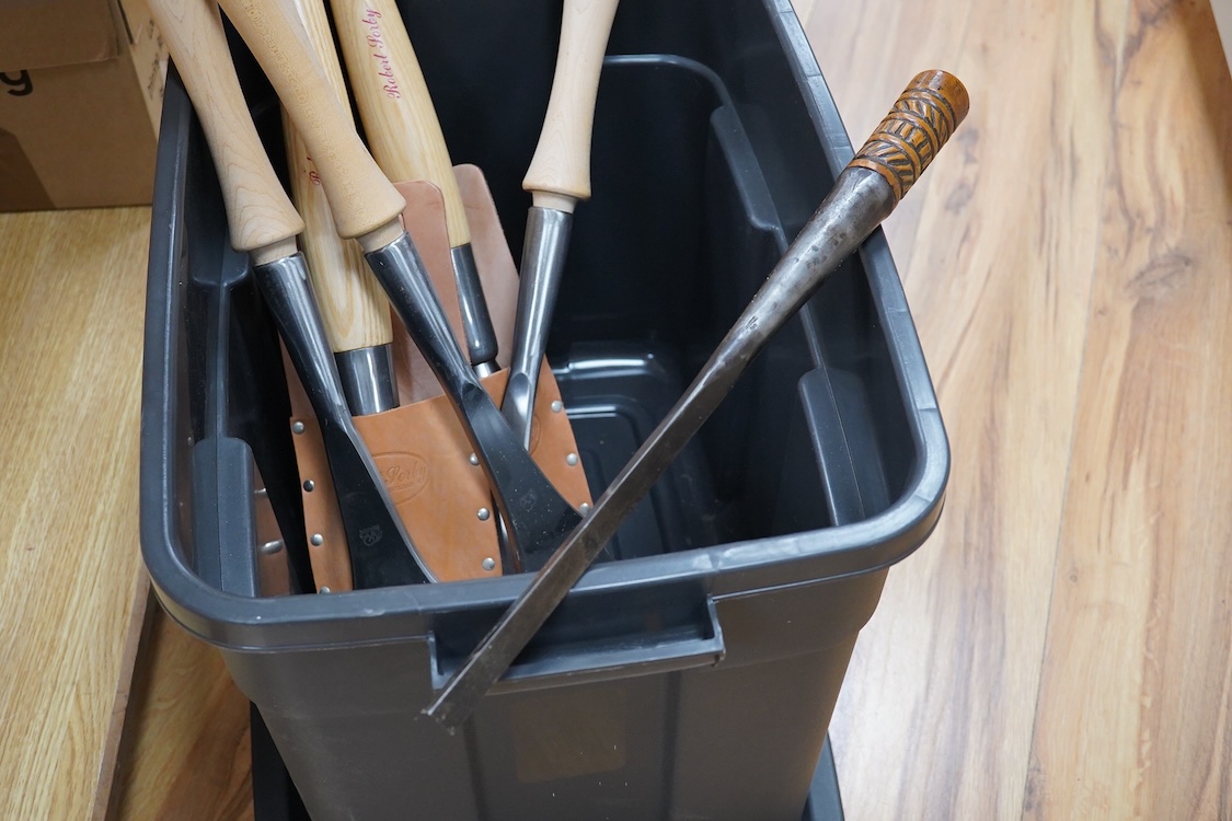 Seven timber framing chisels and slicks by Robert Sorby, Barr of Idaho U.S.A., etc. including two Sorby chisels in leather pouches, largest 86mm, a set of four Barr chisels, and another